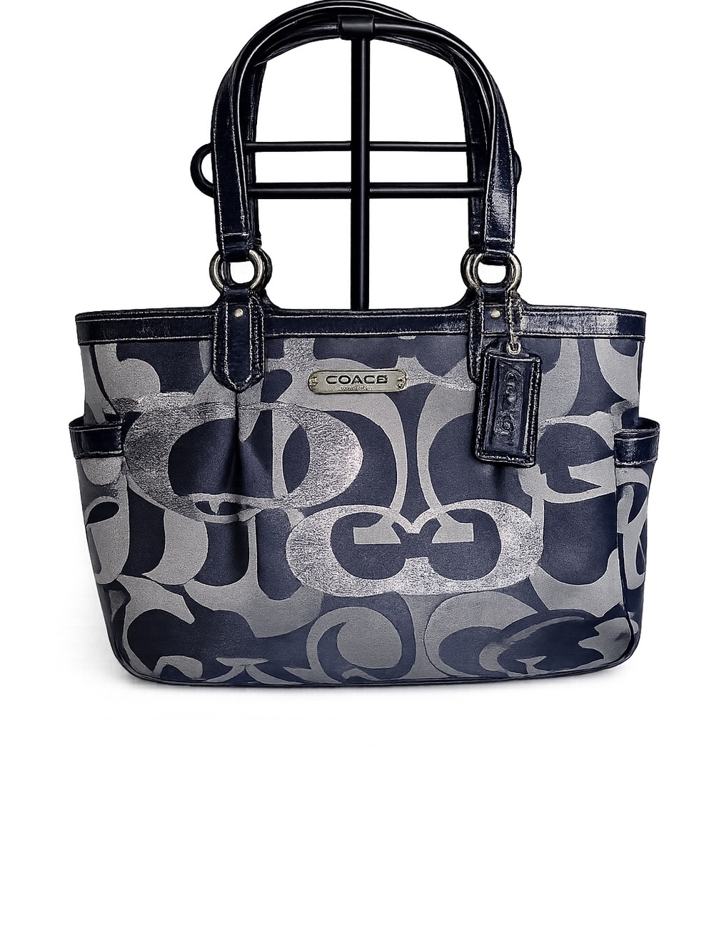 Retired Coach Op Art Signature Navy Gray Jacquard Patent Leather Tote Bag
